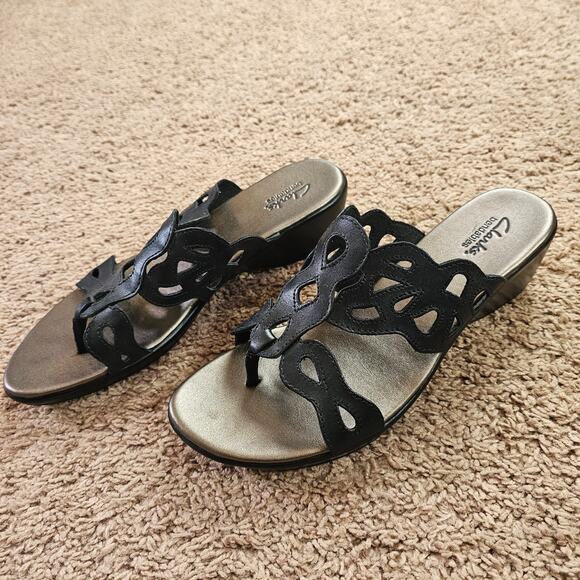 Clarks Bendables Wedge Sandals Womens 10M Black 37059 Comfort Slip On Slides - Picture 3 of 10